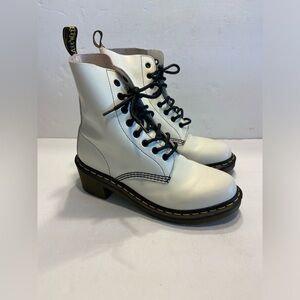 Dr. Martens Clemency 8 White Black Leather Heeled Combat Boots Lace Up Chunky